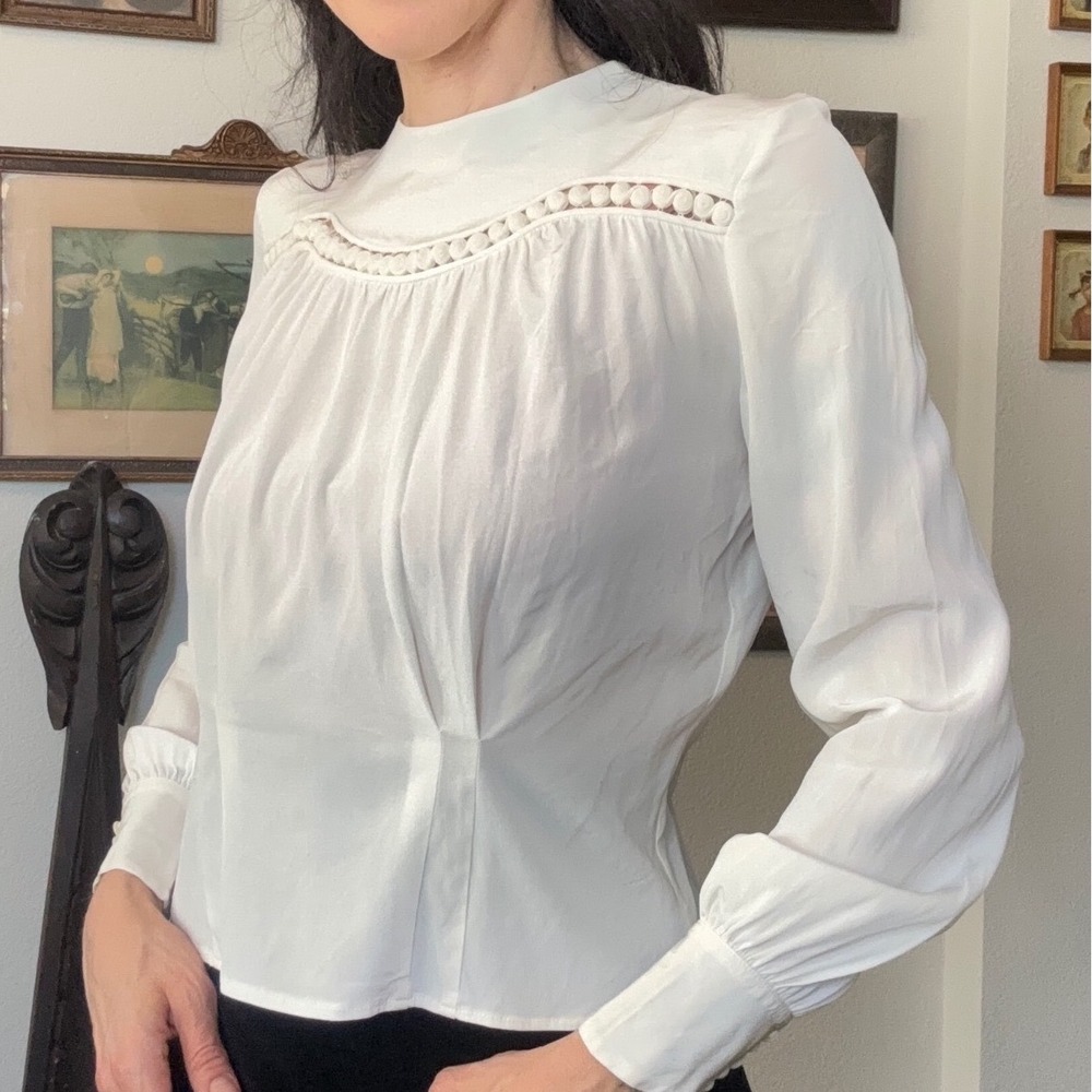 Vintage 40s Ivory White Blouse Lattice Yoke Button Back Long Sleeve Top Wa-Vel's